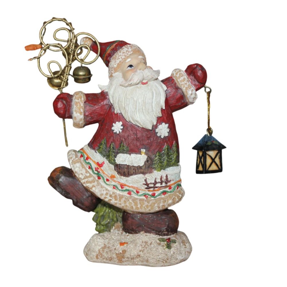 Vintage Santa Claus Figurine Resin Rustic Cabin Bells Lantern 6" Holiday Decor